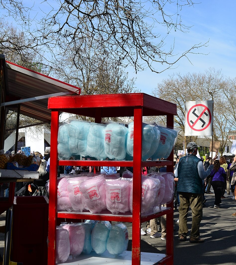 A cotton candy stall with two offerings: Pink or Blue. An anti-Nazi protest in the background.