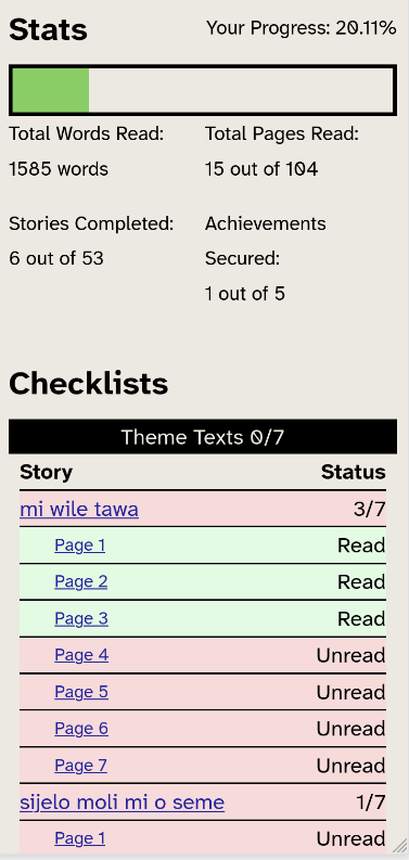 View stats like total progress, total words read, stories completed, and the read/unread statuses of all pages in the reading tracker