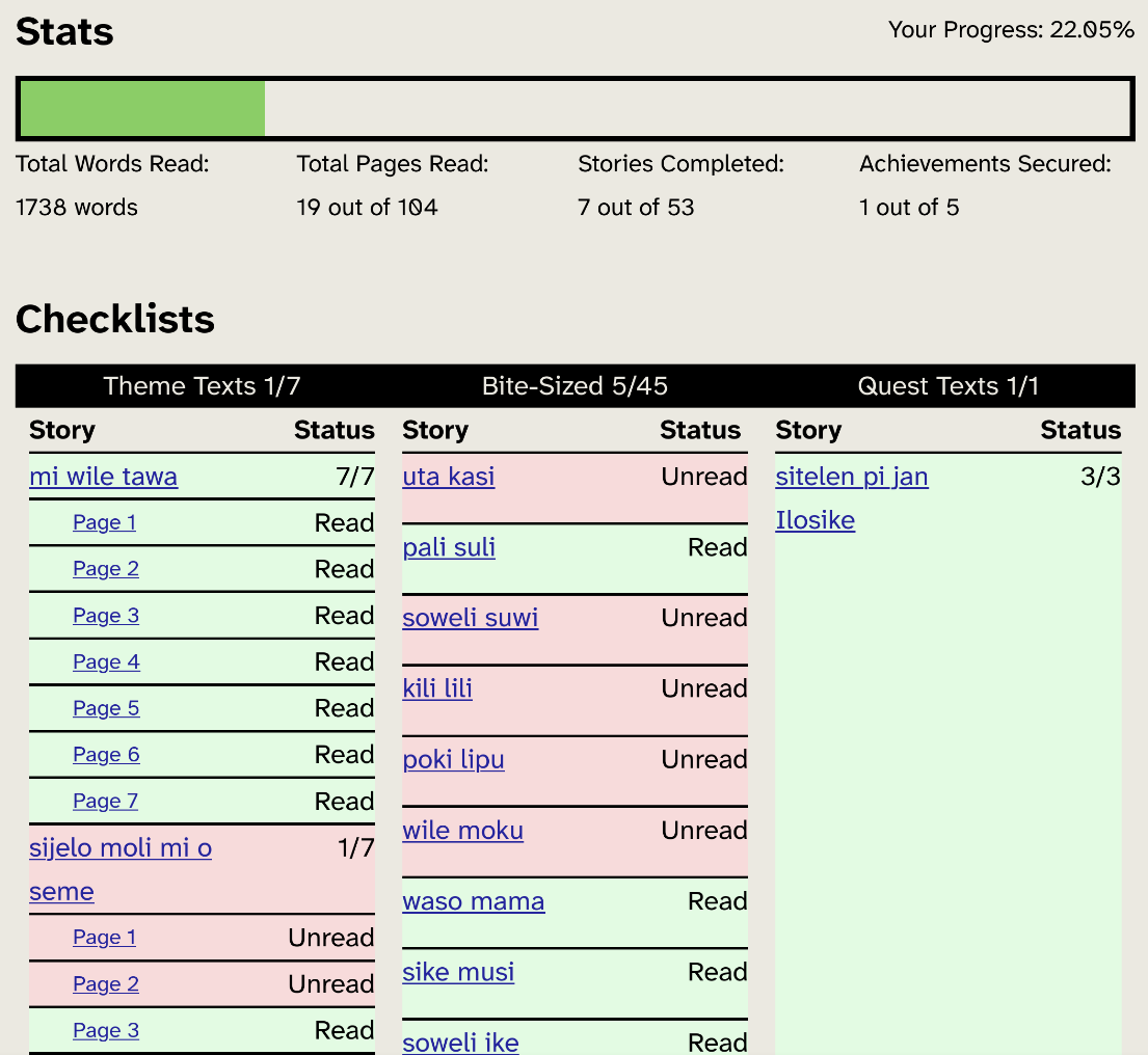 View stats like total progress, total words read, stories completed, and the read/unread statuses of all pages in the reading tracker.